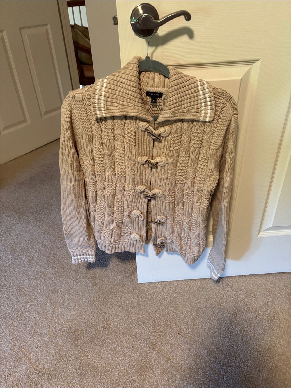 Talbots Tan Cable-Knit Toggle Cardigan with White Trim